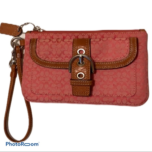 Coach Handbags - Coach pink fabric and leather wristlet